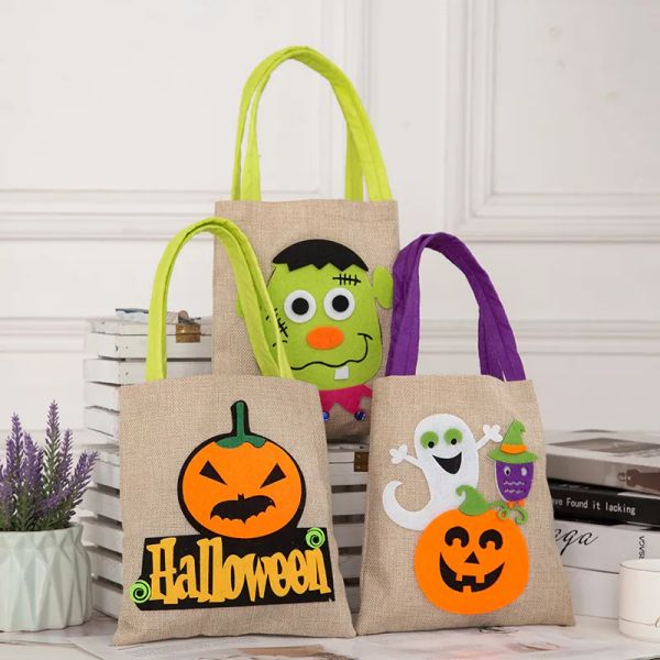 Halloween Cartoon Present Wraps Trick or Treat Bags Witch Pumpkin Candy Handbags Burlap Tote Bag Reusable Gift