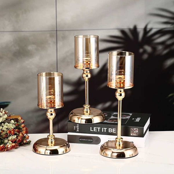 1pc Golden Glass Candle Holders for Pillar Candle Candlestick for Dining Coffee Table Wedding Events Parties Home DecorC241029
