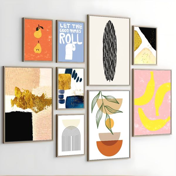 3 pieces Wooden Framed Canvas Poster Vase, leaves and abstract geometric art print, Creative Waterproof Canvas Posters, Bedroom, Office