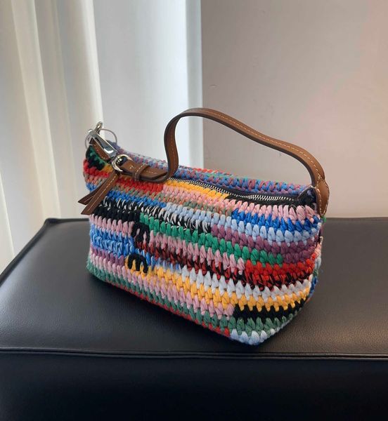 12A Top Quality Hand Knitting Bags Two Versions Rainbow Woven Bag Crossbody Shopping Tote Branded Design Bags Womens Purse Female Wallets