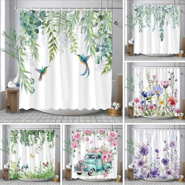 Watercolour Botanical Floral Leaf Shower Curtain Polyester Fabric Washable Home Bathroom Curtains Bathroom Decoration With Hooks M240824