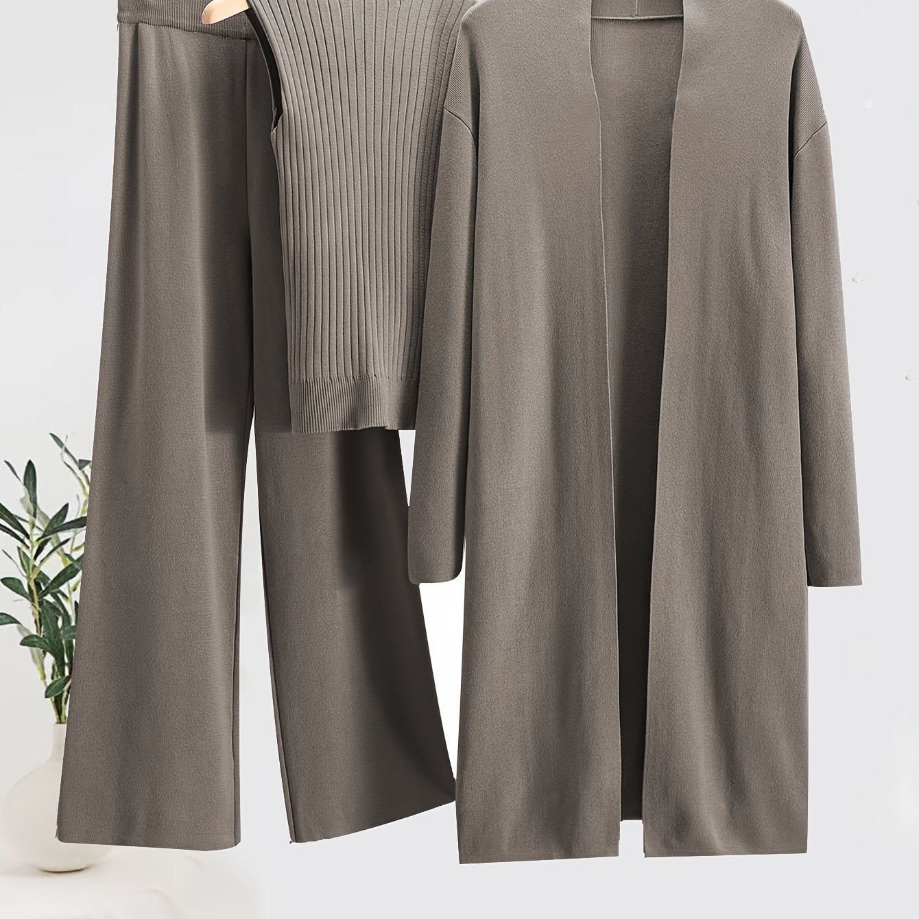 TEMU New High- Autumn And Winter 2024 Women's Loose Knit Set Featuring Long Wide-leg Pants, A Shawl Cardigan, And A Turtleneck Sweater In A Stylish