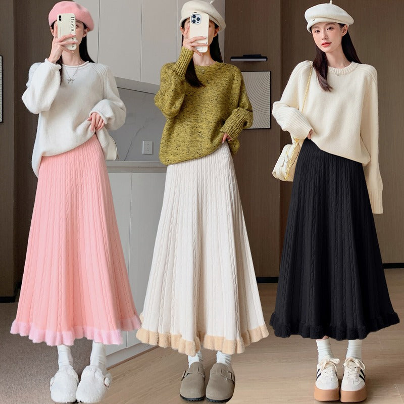 Imitation mink hair skirt women&#039;s winter Korea high waist knitted big swing skirt medium and long fungus edge pleated A-shaped skirt