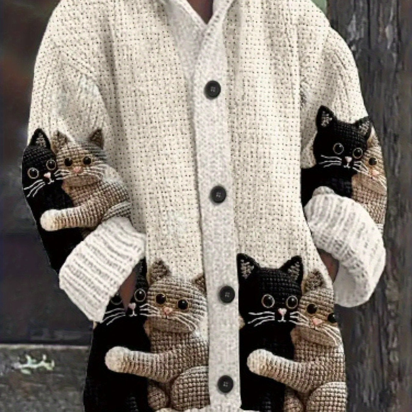 TEMU Women's Cozy 3d Cat Print Hooded Cardigan Sweater - Thick Warm Winter Sweater With Front Pockets, Beige & Black Cat Design, Long Sleeve