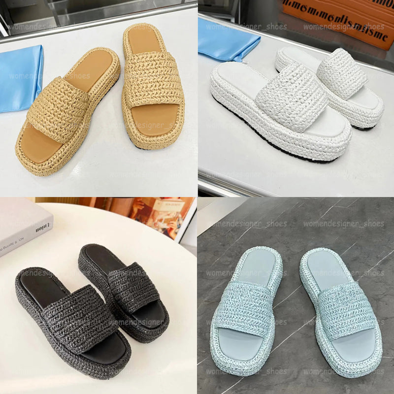 Women Straw Slipper Designer Sandals Fashion Platform Sandal Beach Slides Leather Slip-onThick Bottom Summer Sandles Brown Black White Size 35-42