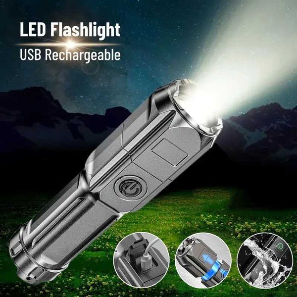 USB LED flashlight rechargeable waterproof Zoomable outdoor light spotlight camping fishing work emergency high beam B240806