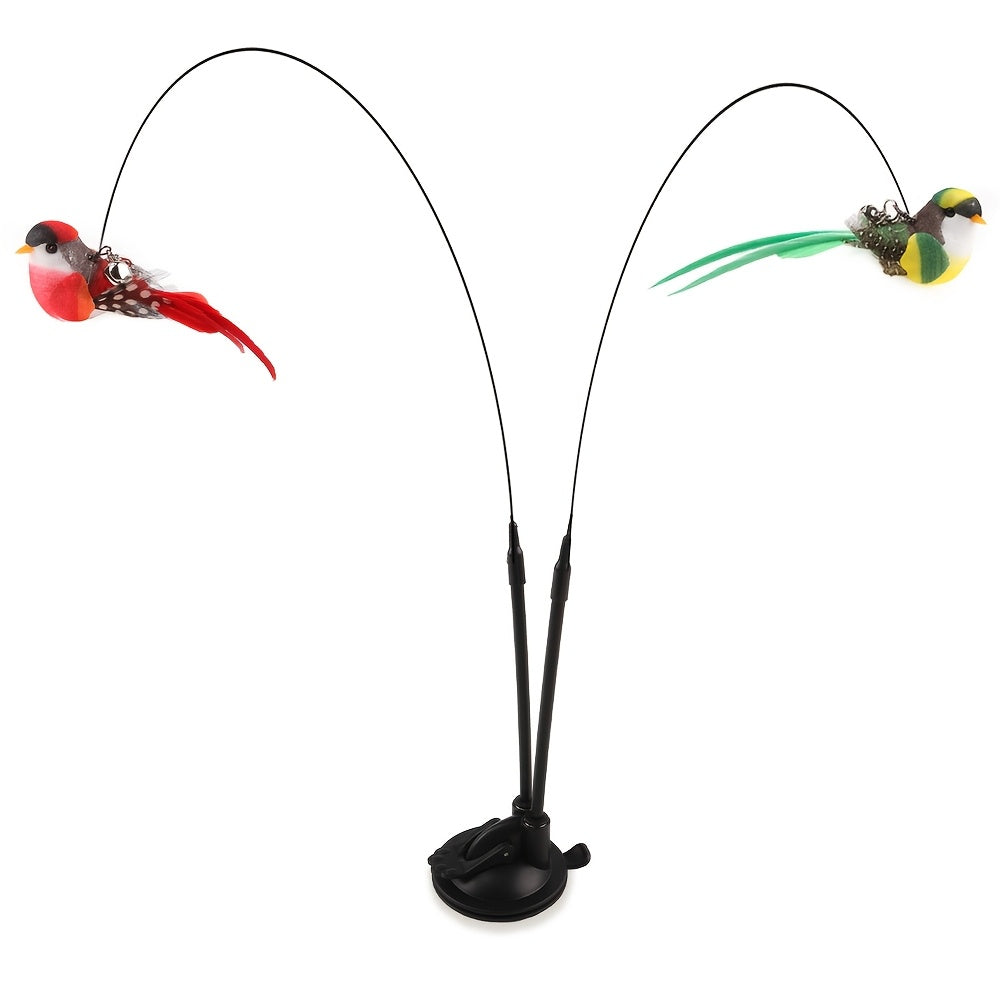 TEMU Interactive Cat Teasing Stick With Long Double Rod & Powerful Sucker Base - Cat Toy With Artificial Feather Attachment (red-green), Non-toxic