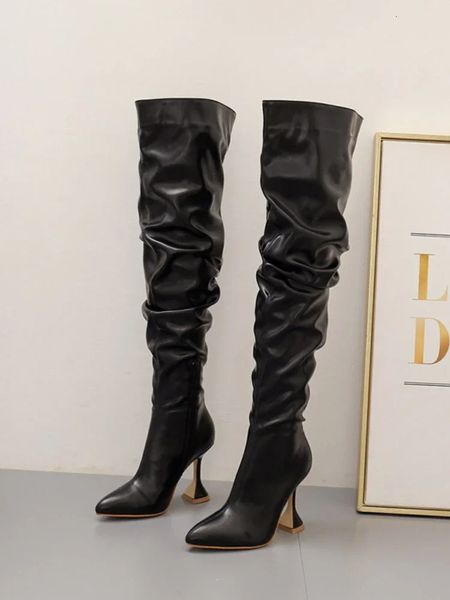 Women Winter Pointed Leather Stiletto Toe White Heeled Knee Boots Wine Glass Heel Side zipper Thigh Gigh Booties