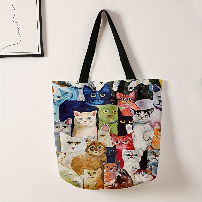 TEMU Cartoon Cat Pattern Double-sided Printed Casual Handbag, Reusable Fashion Handbag, Multifunctional Handbag, Printed Shopping Bag