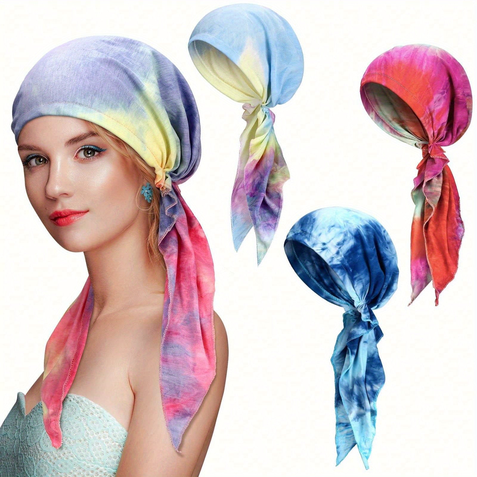 TEMU 4pcs Women Head Scarf Pre Tied Chemo Caps Slip On Turban Headwear Head Wraps Beanie Hat Bandanawoven Material