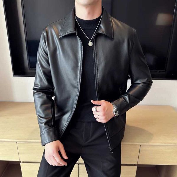 Mens motorcycle leather jacket stand collar solid black jacket trend windproof streetwear synthetic leather jacket Y241018