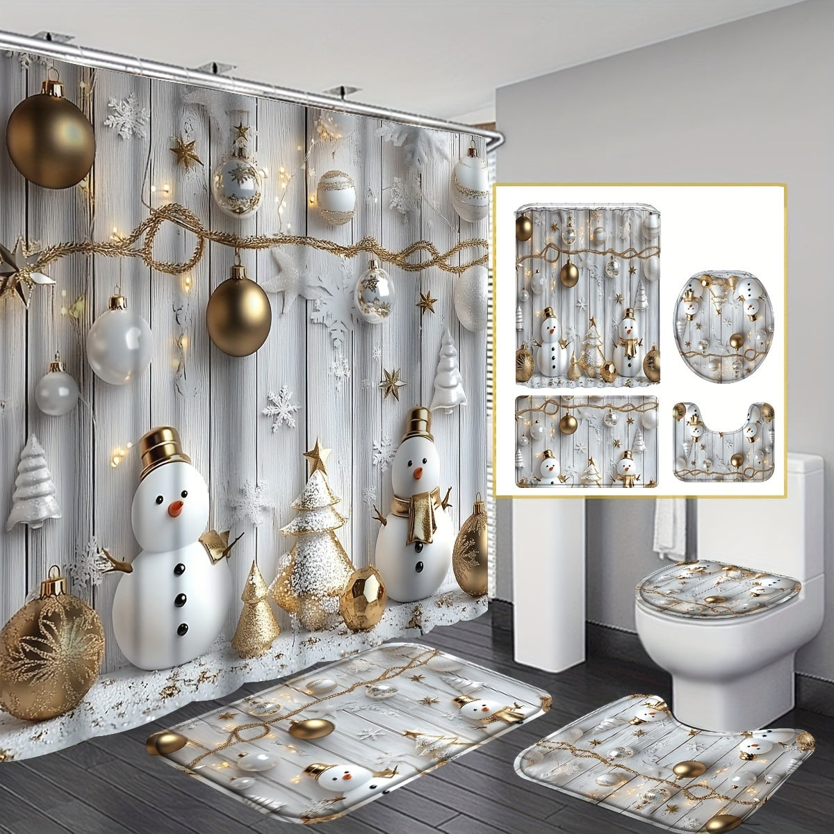 TEMU 4pcs Christmas Snowman Shower Curtain Set With Non-slip Rugs, Toilet Mat, Toilet Seat Cover, Waterproof Machine Washable Shower Curtain With 12