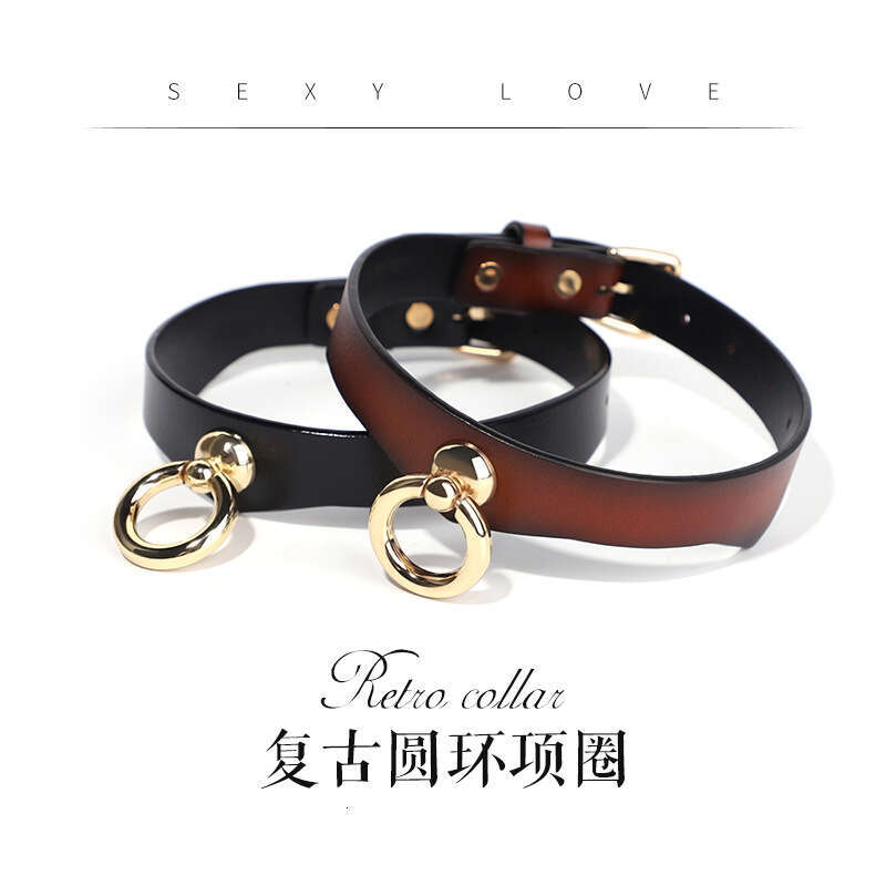 High end SM prop, shiny gold ring, fun collar, retro leather traction neck cover, alternative choker, adult product