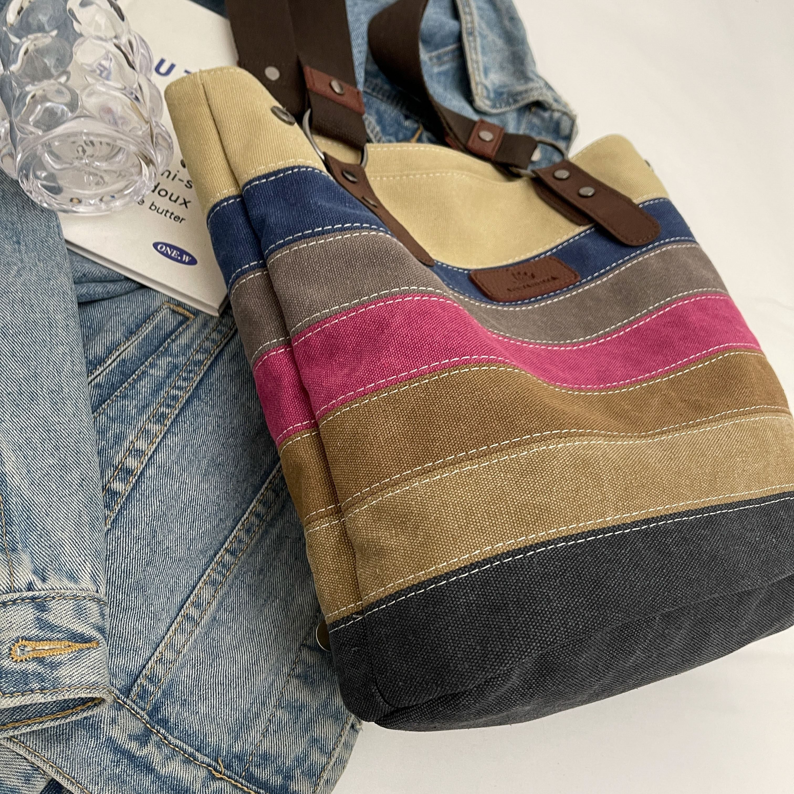 TEMU Fashion Striped Pattern Tote Bag, Retro Canvas Shoulder Bag, Women's Casual Handbag & Purse