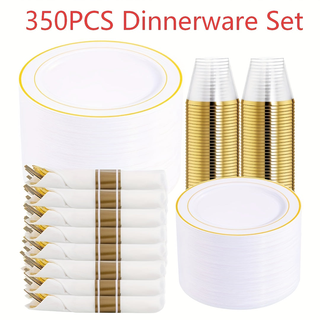 TEMU 350pcs Golden Plastic Plates With Disposable Silverware And Cups :50 Dinner Plates 50 Dessert Plates 50 Cups 9 Oz 50 Golden Cutlery