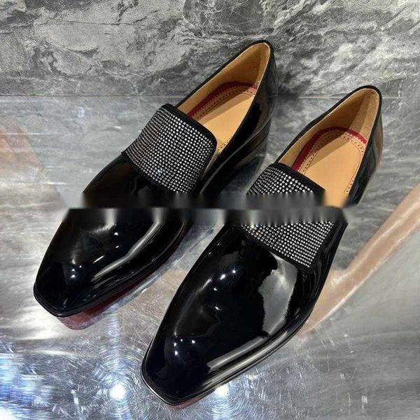 New Rhie Black Glossy Small Square Toe Loafers Business Dress Men&#039;s Leather Formal Wedding Shoes