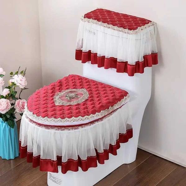 3-piece set of European style toilet seat cushion all season universal dustproof toilet seat cover zipper lace hem toilet seat cover W241204