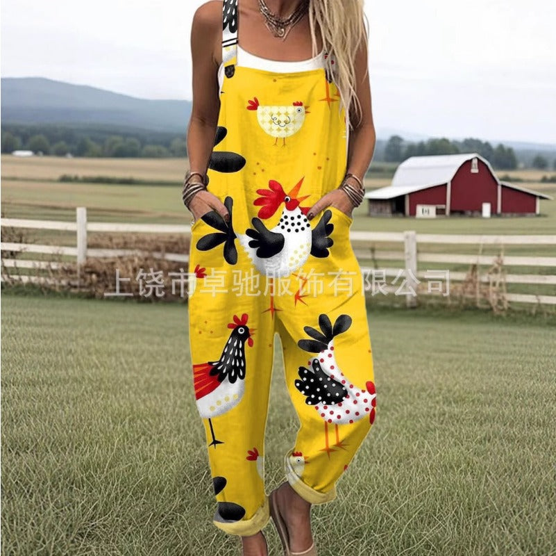 (575) European and American Summer Printed Button-up Suspenders Casual Pants