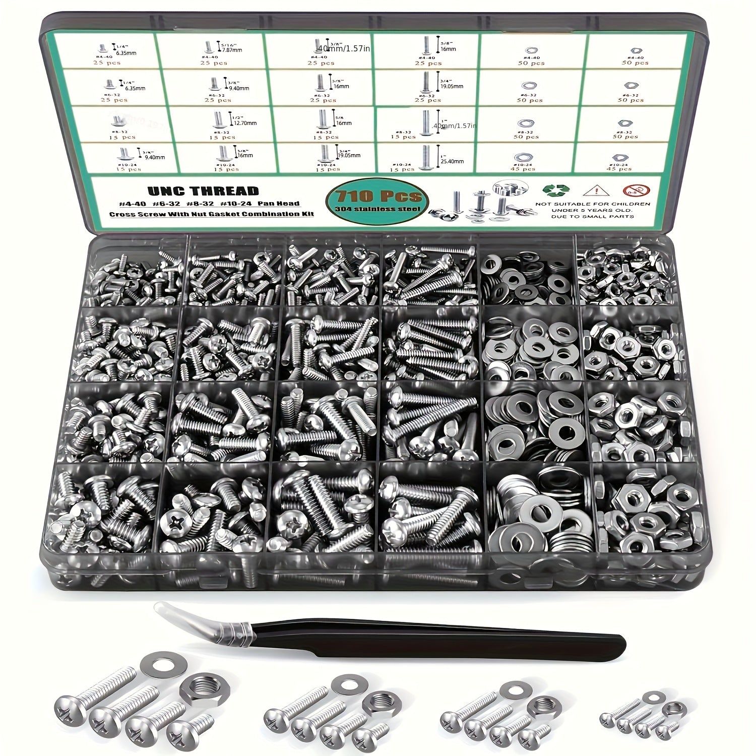 TEMU 710pcs Nuts & Bolts Kit - #4 To #10 Sizes, Phillips Pan Head, Flat Washers Included With Durable Storage Case