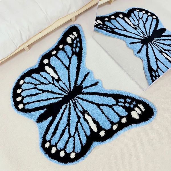 Blue Butterfly Carpet For BedroomLiving Room Sofa Cat MatCoat Room Non-Slip Mirror Front Rug Home Decor Furry Tufted Rugs 240913