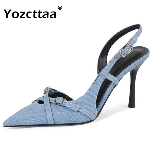Yozcttaa Size 34-43 Women Denim Sandals Sgback Stiletto High Heels Shoes Summer Ins Fashion Strappy Party Office Work Dress