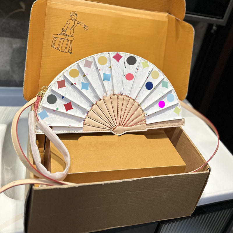 Folding fan type Leather Cosmetic Box Women s Designers Bags Totes Handbag Wallets Messenger Purse Card Holder pouch Household storage cases 37cm