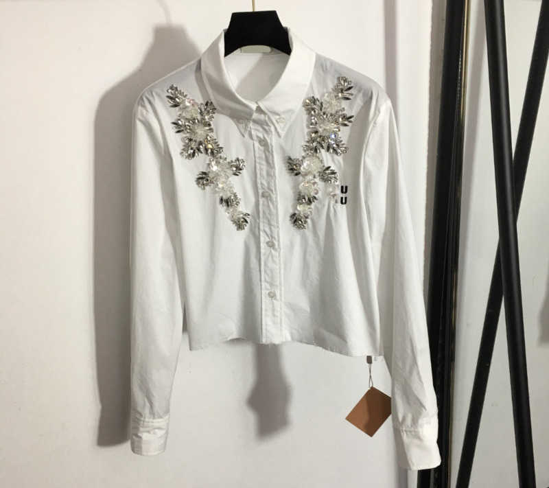 Womens Shirts Tops Heavy Sequins Diamond Flowers Embroidered Lettered Lapel Long Sleeve Cotton Shirt Single Button Opening Design Blouse Top Women W