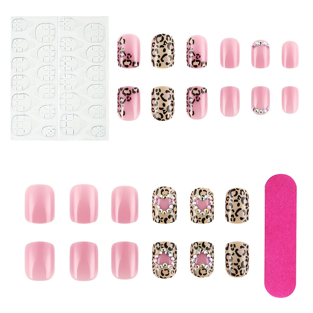 TEMU 24pcs-set Print Short Square Fake Nail Set With Heart Pattern And Design, Glossy Elegant Manicure, Includes Transparent Jelly Glue And Scraper,