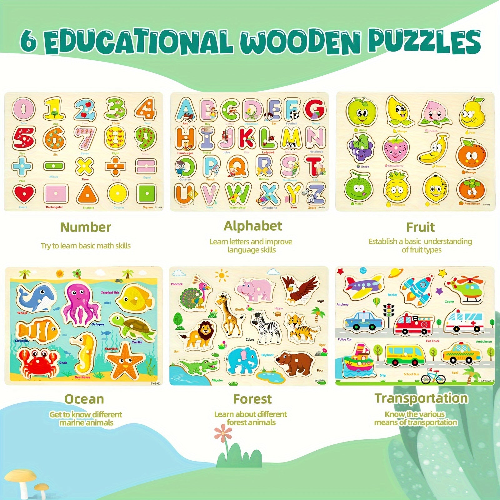 TEMU 6pcs Wooden Peg Puzzle Educational Toy, Fun Number Alphabet Fruit Animal Vehicle Hand Grasping Board, Exercise Shape Matching&fine Motor Skills,