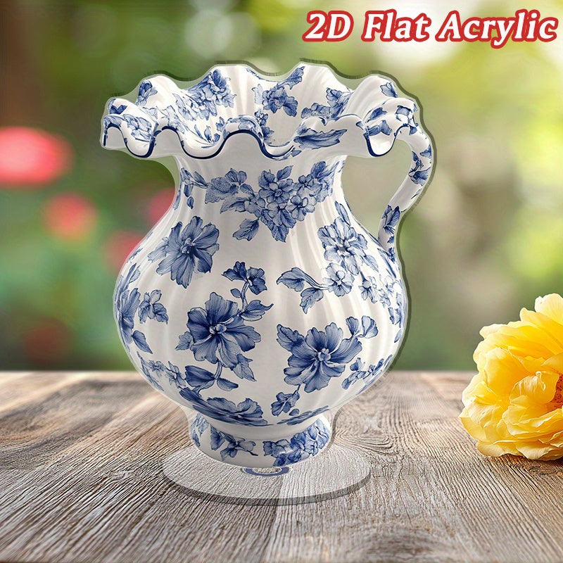 TEMU 2d Flat, 2d Flat Revolving Acrylic Desktop Ornament - Floral Porcelain Design, High-quality Acrylic Decor For Anniversary Celebrations, No