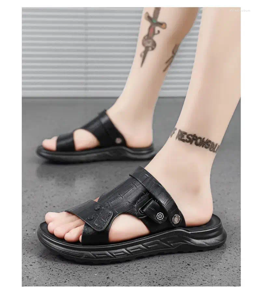 Sandals Summer Mans Leather One Word Casual Sandal Soft Sole Non Slip Dual Purpose Outdoor Beach Slippers