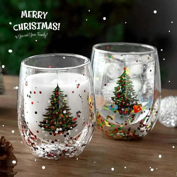 Christmas double walled glass cup heat-resistant water cup Christmas tree snowman pattern juice tea milk coffee cup Christmas gift 241024
