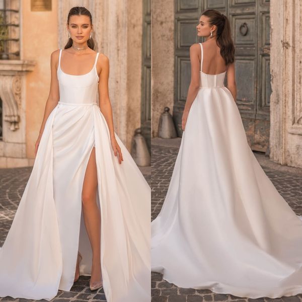 Elegant Satin A-e Bridal Gown with Spaghetti Straps, Thigh-high Slit and Detachable Overskirt