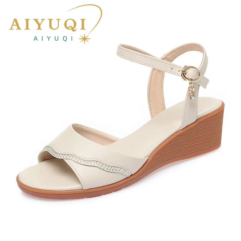 AIYUQI Women Summer Sandals Genuine Leather Women Shoes Sandals Plus Size Fashion Wedge Non-slip Mother Women Sandals