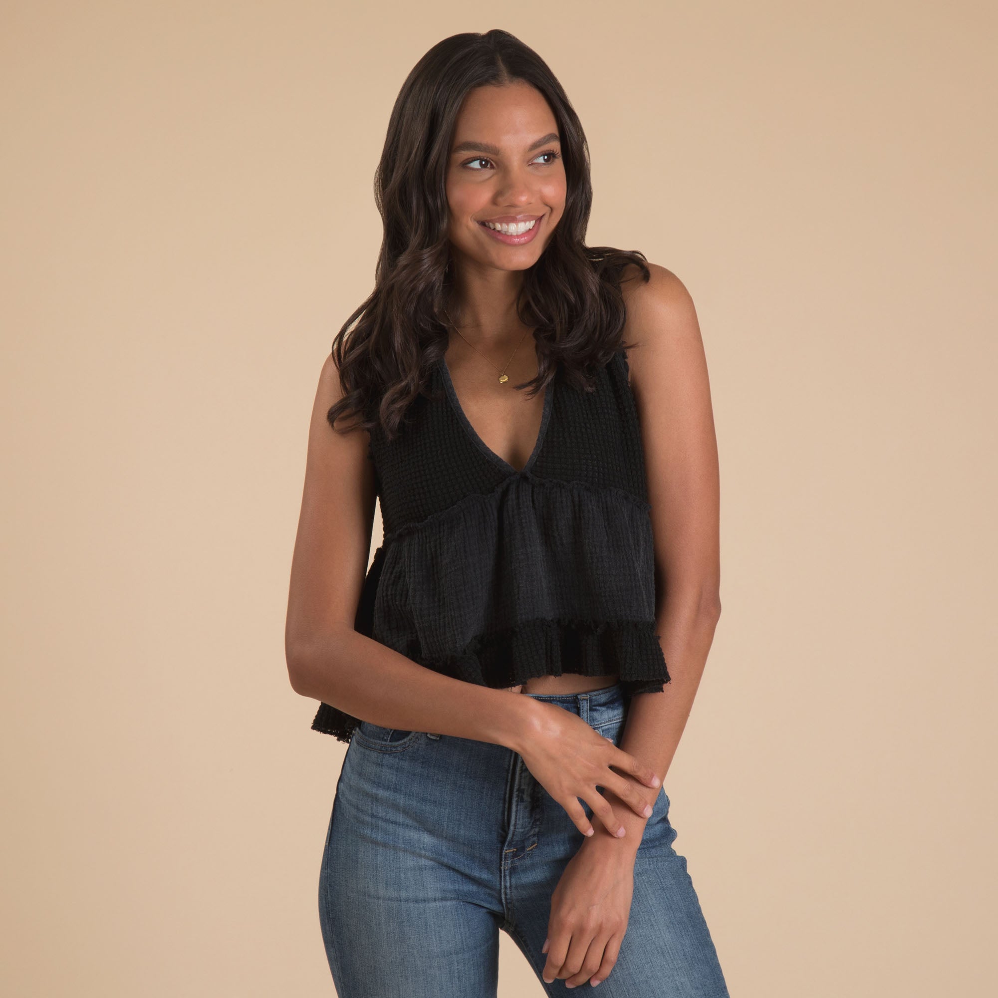 Ribbed Babydoll V-Neck Tank - Black - L