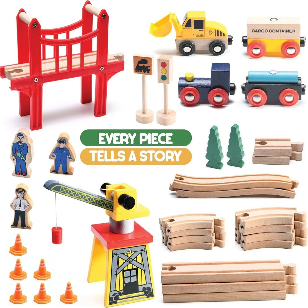 TEMU Wooden Train Set Toddler Toys - 38 Pcs Wood Train Track Set For Toddlers 3-4 Years With Crane, Bridge & Accessories - Compatible With All