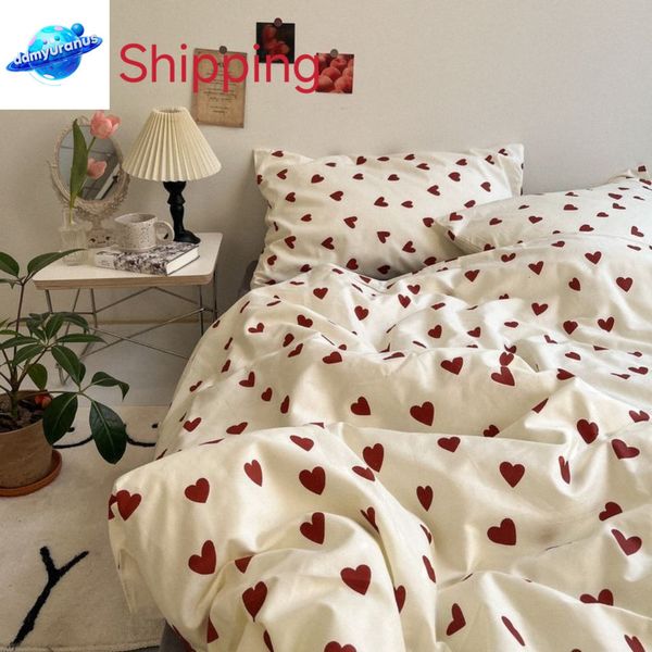 ddmyuranus Korean Style Bedding Kid Adult Twin Full Queen Size Flat Sheet Love Heart Duvet Cover Set Pillowcase Bed Linen No Filler