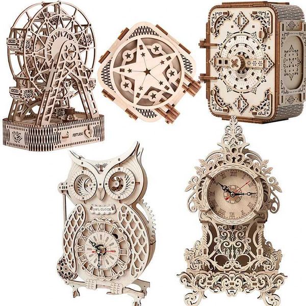 3D DIY Wood Puzzle Jigsaw Vintage Pendulum Owl Clock Ferris Wheel Model Set Creative Assembled Puzzle Toys Gifts For Adults Gift W250117