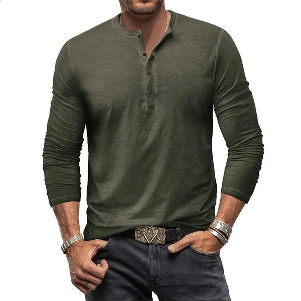 Mens Cotton Button Henley Collar T Shirt Long Sleeve Casual Buttons Solid Color Fashion T-Shirts Spring Autumn Vintage Top Tees 240820