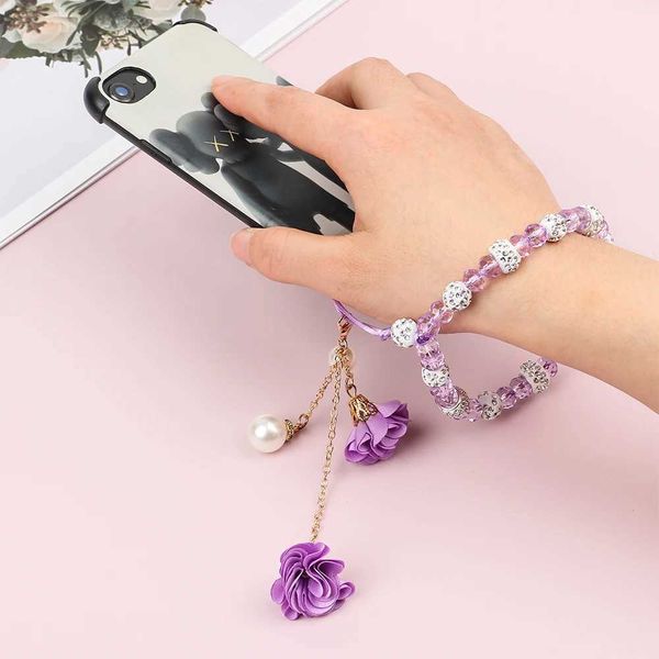 Cell Phone Straps Charms Fashion Pendant Flower Bracelet Mobile Phone Lanyard Crystal Phone Straps Hanging Rope Strap Wrist Rope Anti-lost L