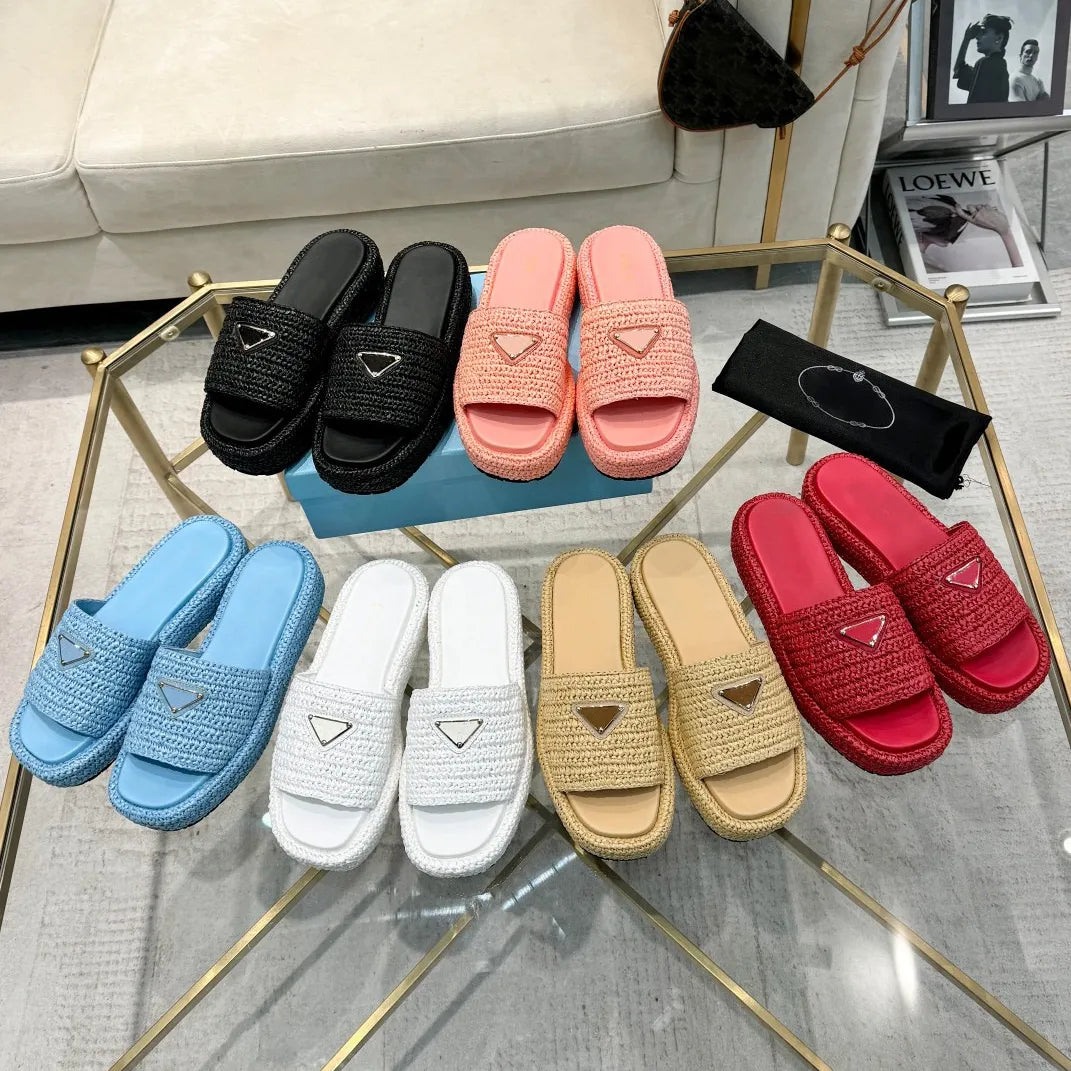designer slippers sandals women crochets platform slides straw weave buckle sliders slipper natural black womens shoes slide summer Beach Sandal