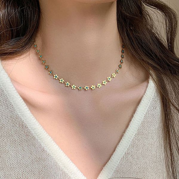 Collares de cadena de eslabones de acero inoxidable 304 con diseño de flores para mujer