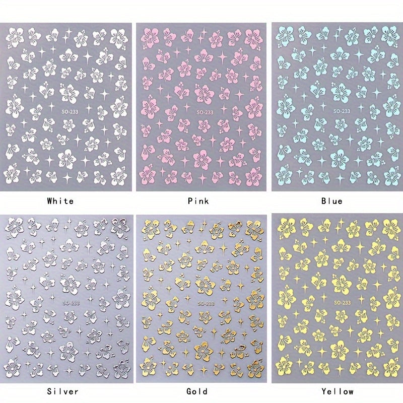 TEMU 6pcs Hibiscus Flower Nail Art Stickers, Self-adhesive Plastic Nail Decals, Glossy Finish, Glitter , Fantasy Theme, Rectangle Shape, Single Use,