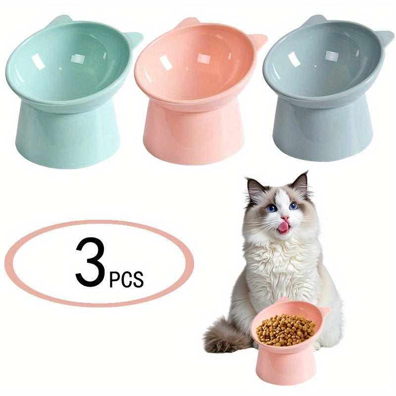 TEMU Raised Cat Bowls Set Of 3 - Cat-ear Shaped Elevated Feeder With Anti-slip Base, Neck - Feeding Dish For Pets (pink-green-blue)