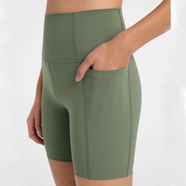 High Waist Shorts With Side Pockets Naked Sport Running Cycling Pants Female Fitness Leggings Yoga Short Tights Quick Dry Gym Sportswear