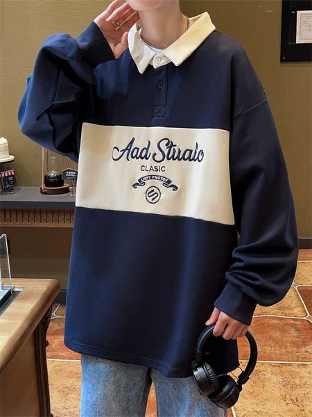 Mens Hoodies Sweatshirts Color blocked embroidered collar sweatshirt for men loose and casual long sleeved pullover jacket for men spring an