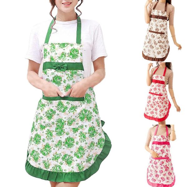 Womans Floral Aprons With Pocket Household Waterproof Oil-Proof Bib Apron Cooking Baking Coffee Anti-fouling Kitchen ApronXJ240816