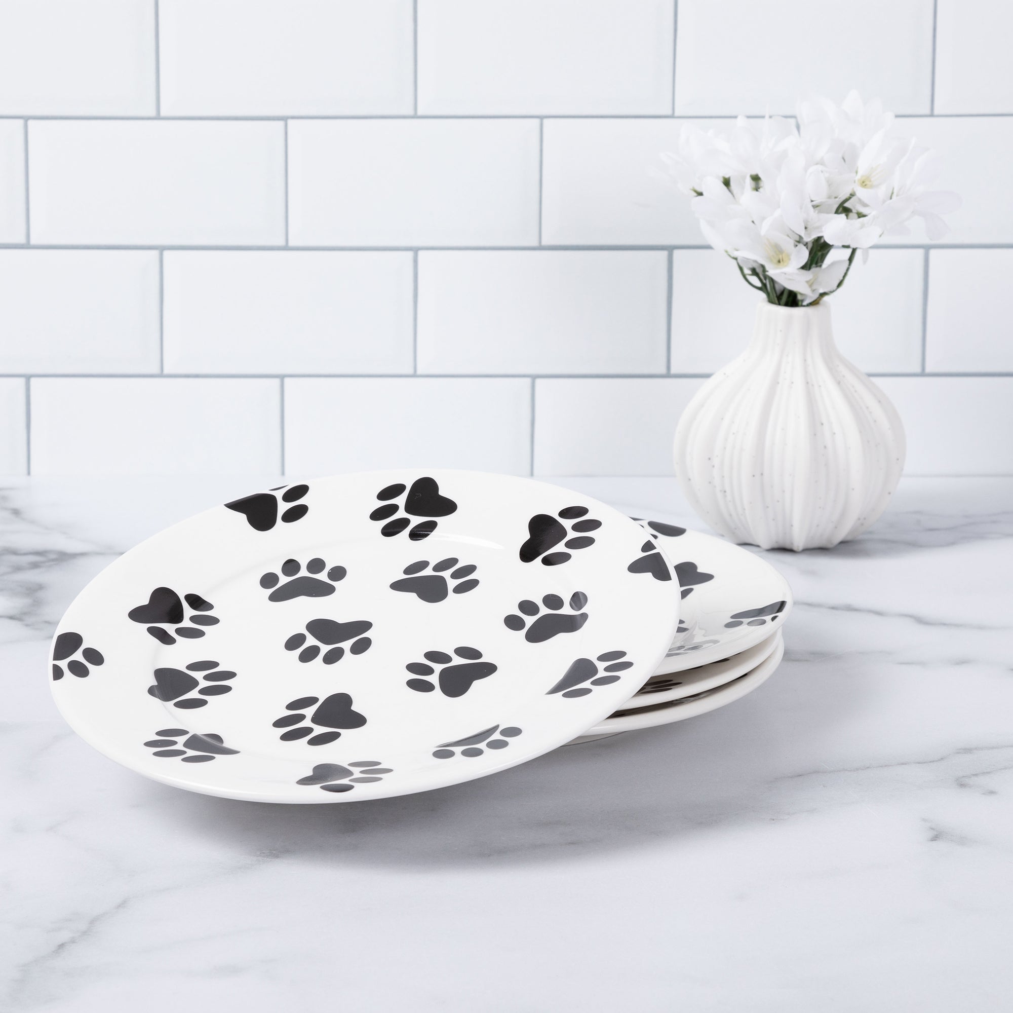 Paw Print Salad Plates - Set of 4 - Black Paw Prints