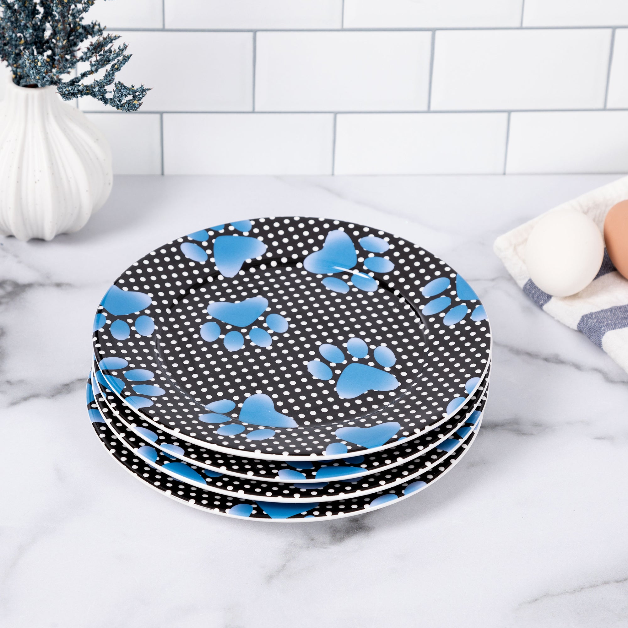 Paw Print Salad Plates - Set of 4 - Gradient Paws & Polka Dot