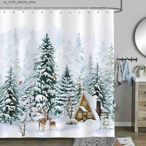 Shower Curtains Christmas shower curtains winter farm barn snowman animals moose berries Christmas tree snow scenery red bird bathroom decor